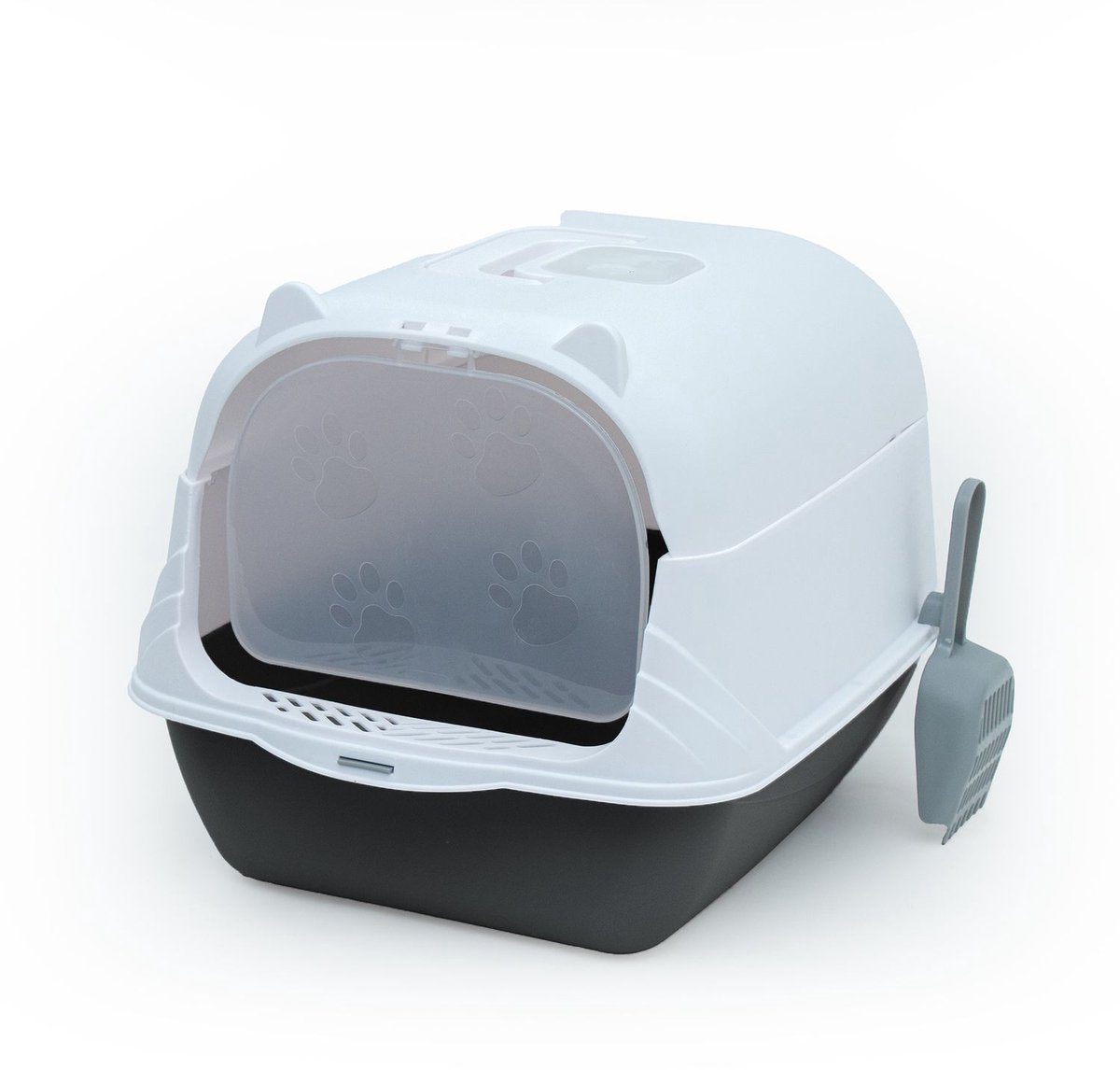 Intirilife Kattenbak met deksel inclusief schepje in zwart-wit -51 x 37,5 x 34,5 cm- Kattenbak met deksel, moderne, gesloten toilet voor katten- WC-kapjes Kattenbak - minder geurvorming