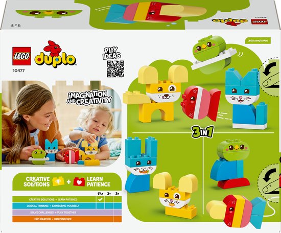 Achterkant LEGO Duplo doos 10477 met afbeeldingen van kinderen die spelen met Duplo dieren.