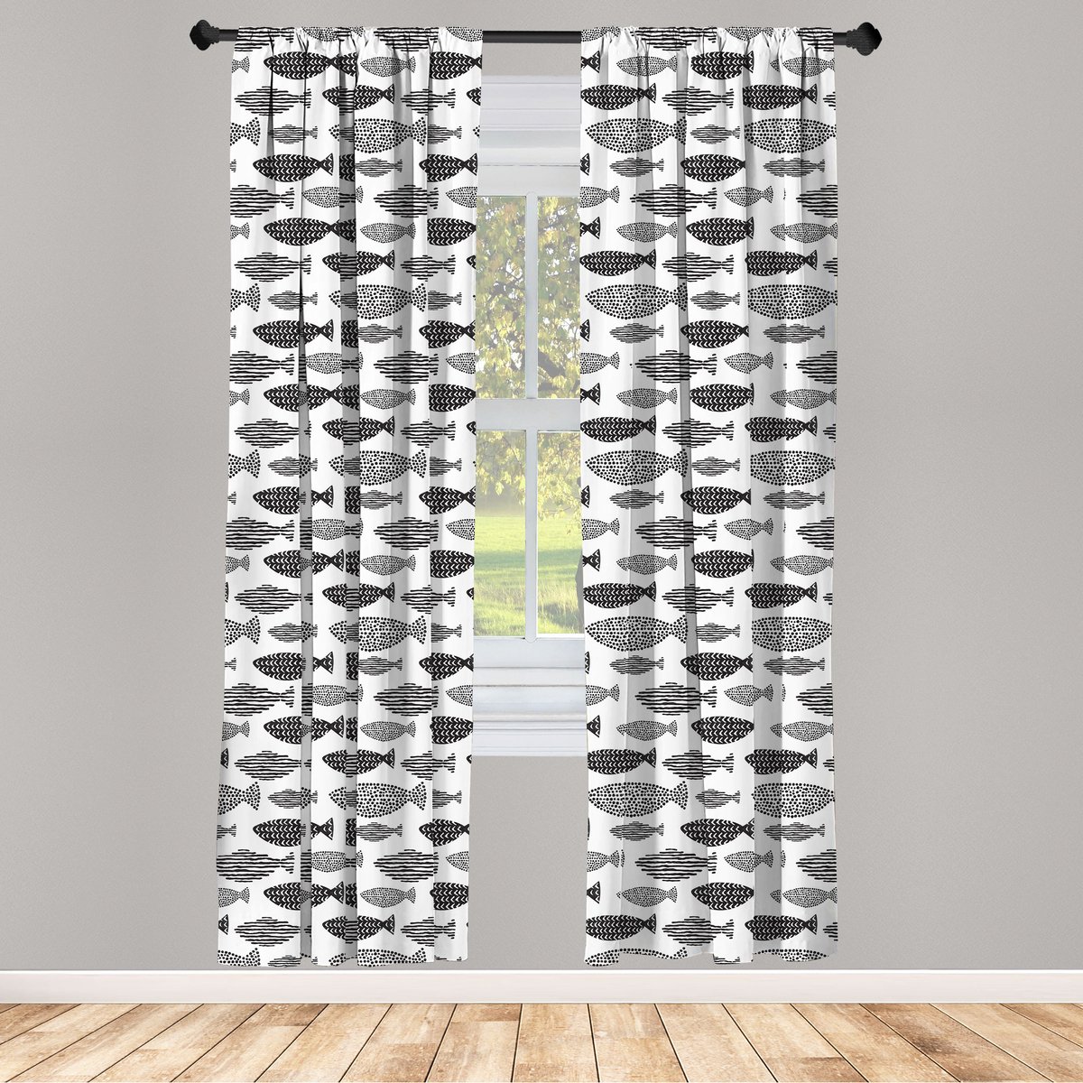ABAKUHAUS Vis raamgordijnen – zeedieren zwart/wit – 2x75x175