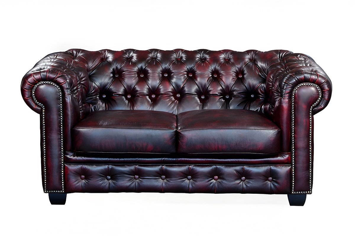 Vente-unique Tweezitsbank Chesterfield BRENTON 100% buffelleer - cherry Bordeaux