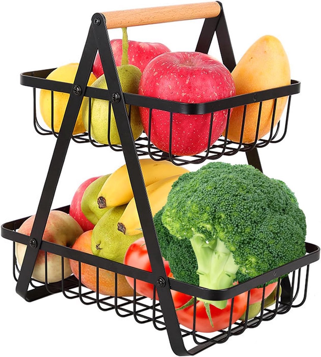 Stunq® Dubbellaags Fruit- en Groentehouder met Verstelbaar Houten Handvat - Multifunctioneel Design