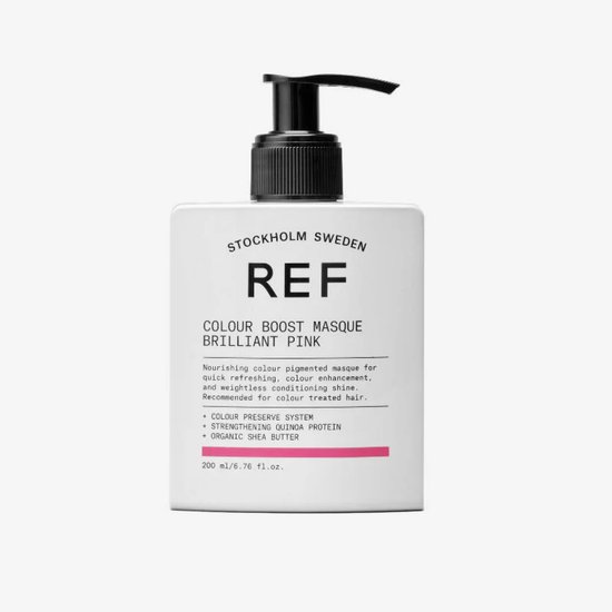 Witte pompflacon met REF Colour Boost Masque Brilliant Pink. Roze lijn onderaan.