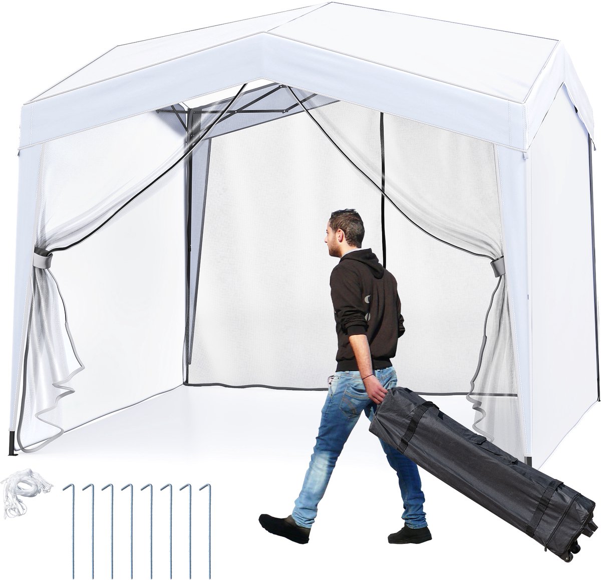 COSTWAY Paviljoen 3x3 m, vouwpaviljoen met 2 muggennet & roltas, pop-up tuinpaviljoen incl. 8 haringen & 4 windtouwen, waterdicht, stabiel, winterbestendig, tuintent voor feest, tuin, outdoor markt
