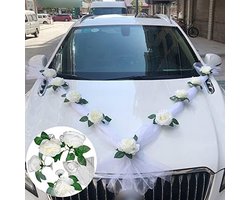 Bloemendecoratie voor de trouwauto - Kunstmatige satijnen lintbloemen, decoratieset voor de voorste auto, beschadigt de lak niet, bloemenkrans en satijnen strikken, elegante decoratie voor de trouwauto voor de bruid (wit)