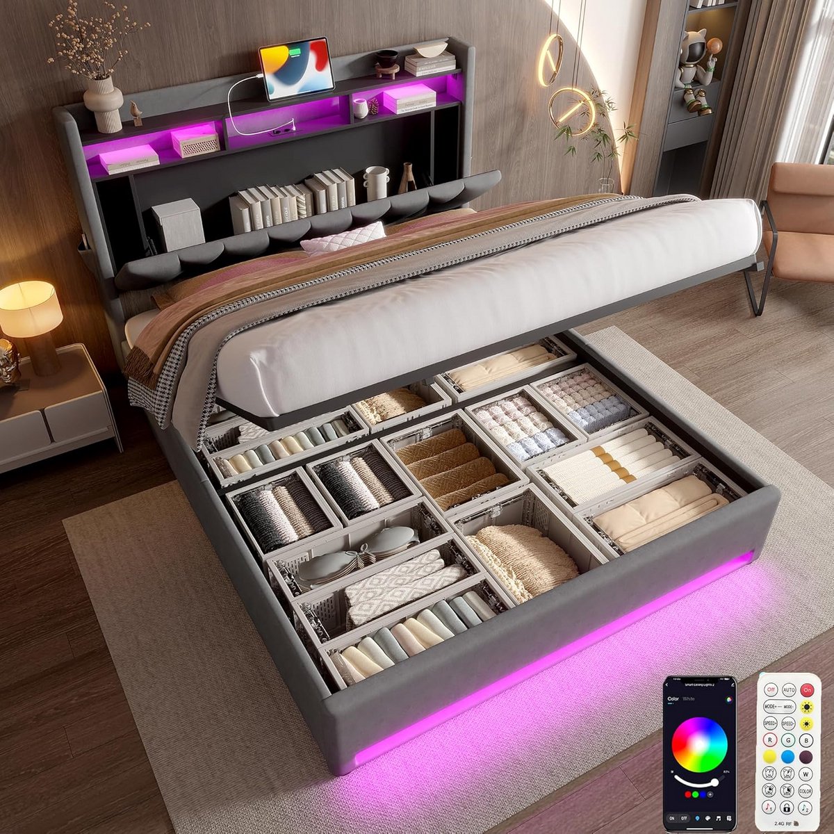 Tweepersoons Bed 140x200 met Opbergruimte, LED Verlichting en USB-Poort - Gestoffeerd Hoofdeinde