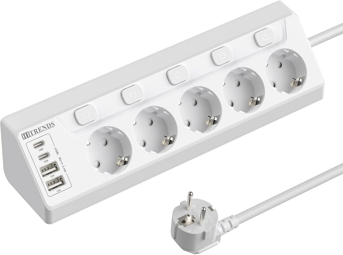 9-in-1 Hoekstopcontact met USB-C en USB-A, 5 Schakelbare WCD's en 2m Kabel