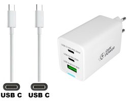OneOne 65W super snellader met 3 poorten. Oplader met sterke 1,5m USB C naar C kabel. PPS GaN PD lader adapter past op Chromebook laptop met USB C van Acer, Apple, Asus, Dell, HP, Huawei, Lenovo, Microsoft, MSI, Panasonic, Samsung, Toshiba.