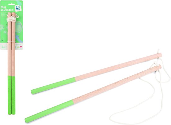Verpakking met de tekst 'Big Bubbles' en twee houten stokken met lichtgroene en roze uiteinden, en een touw.
