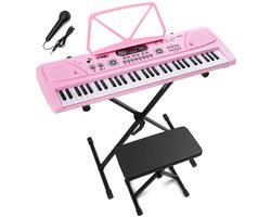 Keyboard piano kinderen - MAX KD61P - Keyboard met 61 toetsen, standaard, bankje en oplaadbare accu - Roze