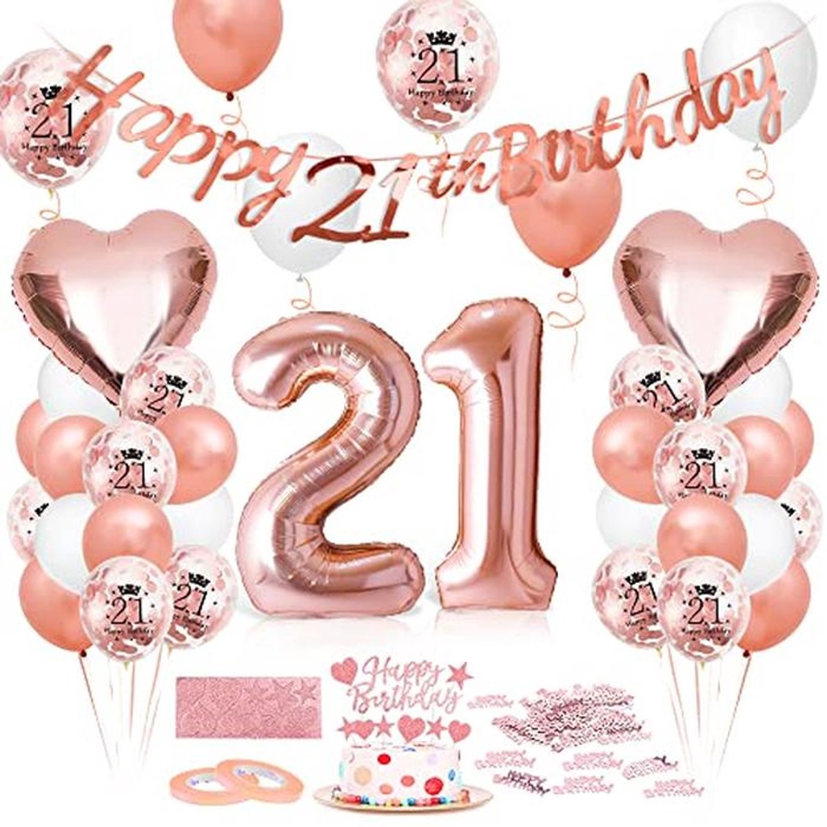 Ballon voor 21e verjaardag, roségoudkleurige verjaardagsdecoratie voor 21 jaar, reusachtige folieballon met nummer 21, Happy Birthday 21, verjaardagsdecoratie voor vrouwen