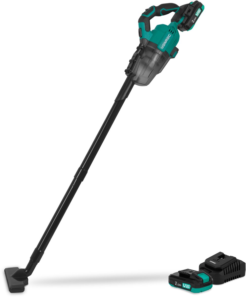 VONROC Krachtige accu steelstofzuiger – VPower 20V – Incl. 2x 2.0Ah Accu en snellader – 0.6L opvangbak - Incl. 3 mondstukken, 2 verlengbuizen en flexibele slang
