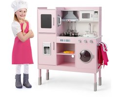 COSTWAY Kinderkeuken met 16 speelaccessoires, speelkeuken hout incl. afzuigkap & ijsmachine & telefoon & wasmachine & magnetron, speelgoedkeuken voor kinderen vanaf 2 jaar, roze (83 x 29 x 103 cm)