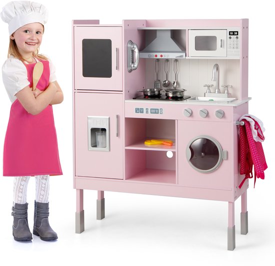 COSTWAY Kinderkeuken met 16 speelaccessoires, speelkeuken hout incl. afzuigkap & ijsmachine & telefoon & wasmachine & magnetron, speelgoedkeuken voor kinderen vanaf 2 jaar, roze (83 x 29 x 103 cm)
