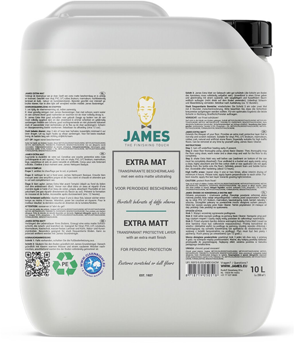 James Extra Mat - 10 liter - Extra Matte Vloercoating – Beschermlaag voor PVC, Vinyl & Linoleum – Antislip & Vuilafstotend - Grootverpakking