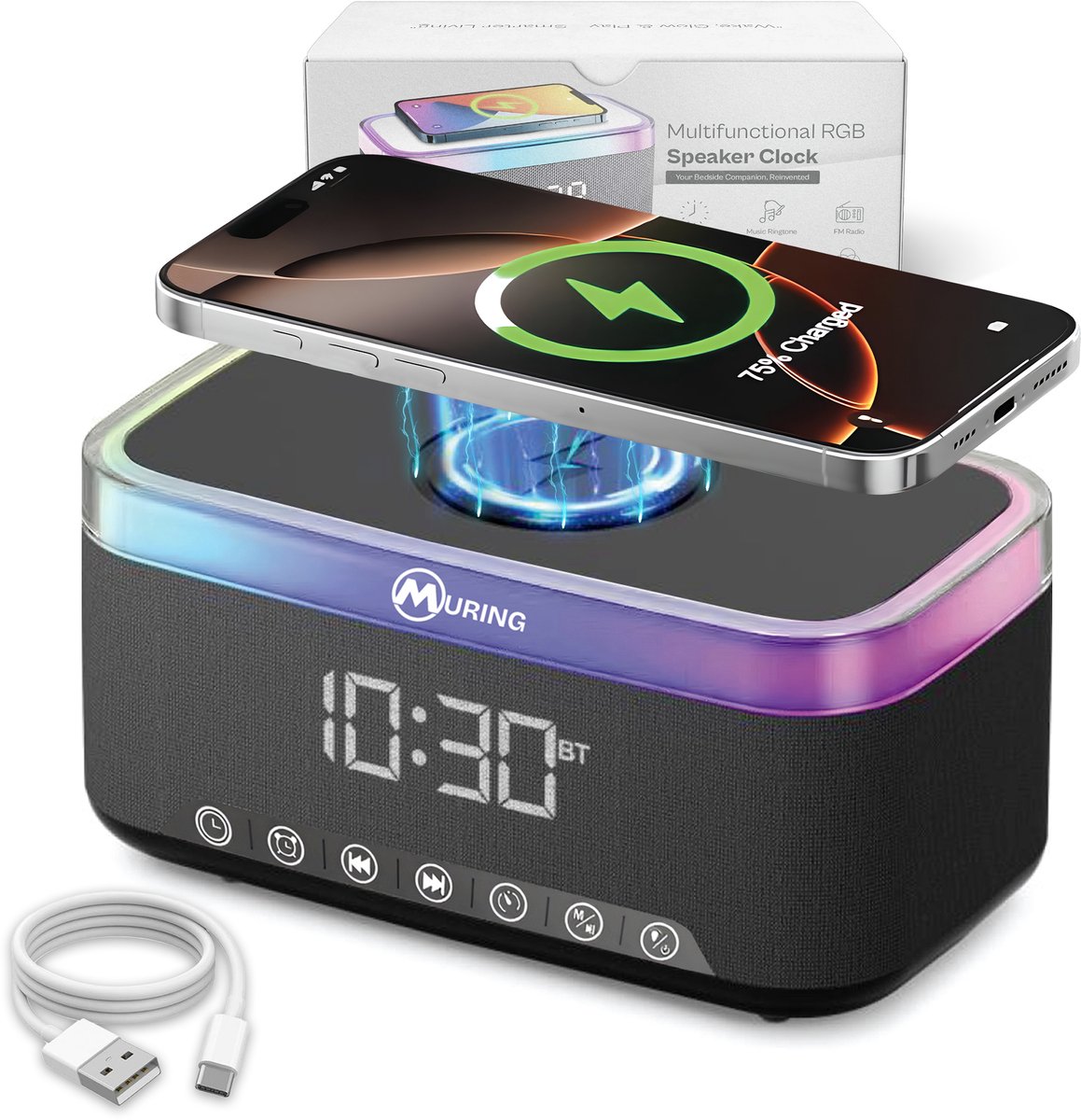 Muring Digitale Wekkerradio – Digitale Klok Slaapkamer – 15 W Draadloos opladen - Speaker met bluetooth - 13 Lichtstanden - Lichtwekker – Wekker voor kinderen & volwassenen – Netstroom – Alarmklok – Zwart