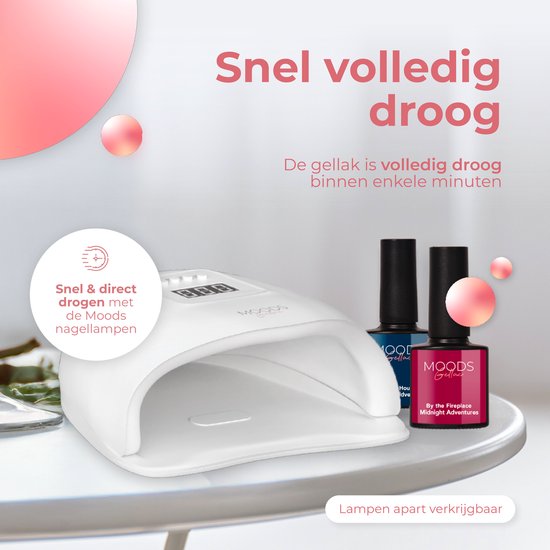 Witte Moods Gellac nageldroger met twee flesjes nagellak, één donkerblauw en één rood.