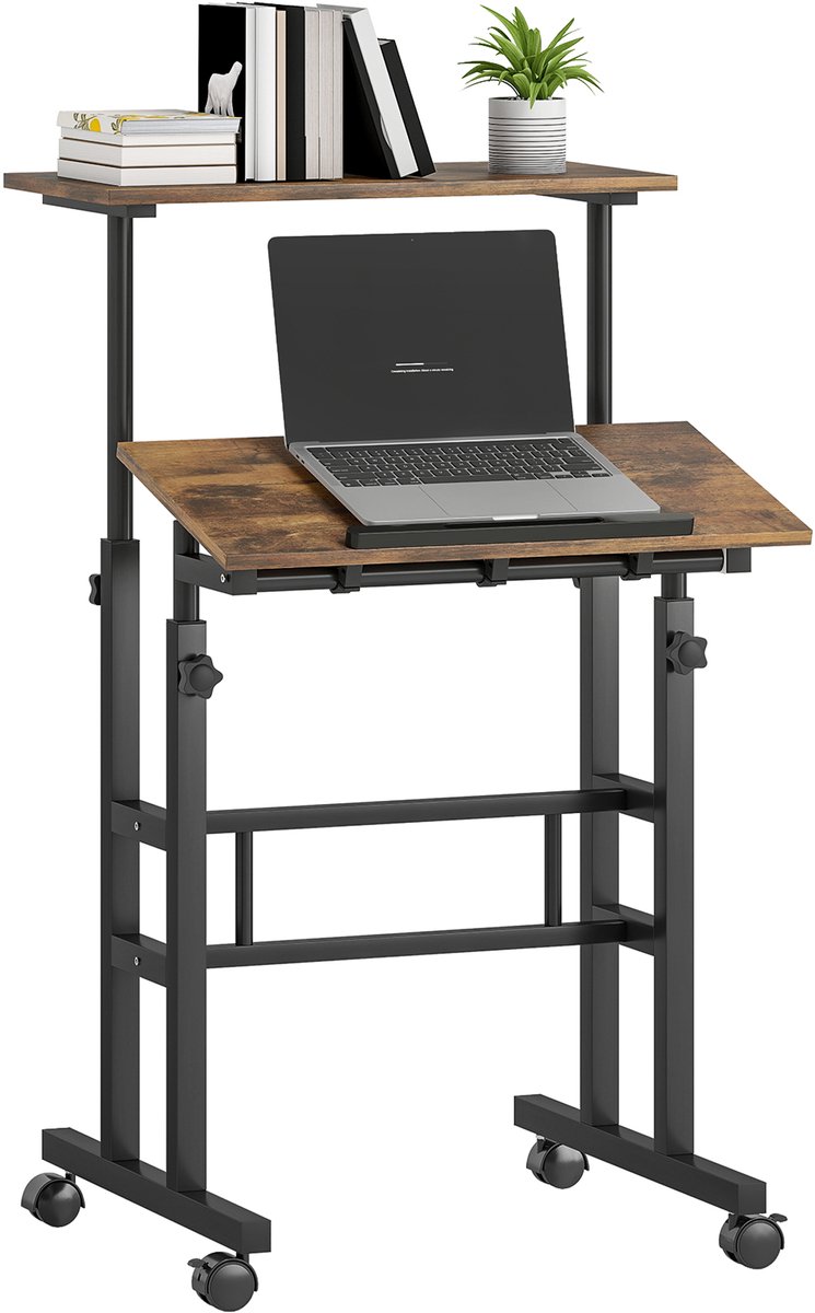 HOMCOM Bureau met Planken MDF, Metaal 60L x 60B x 120H cm Rustiek Bruin