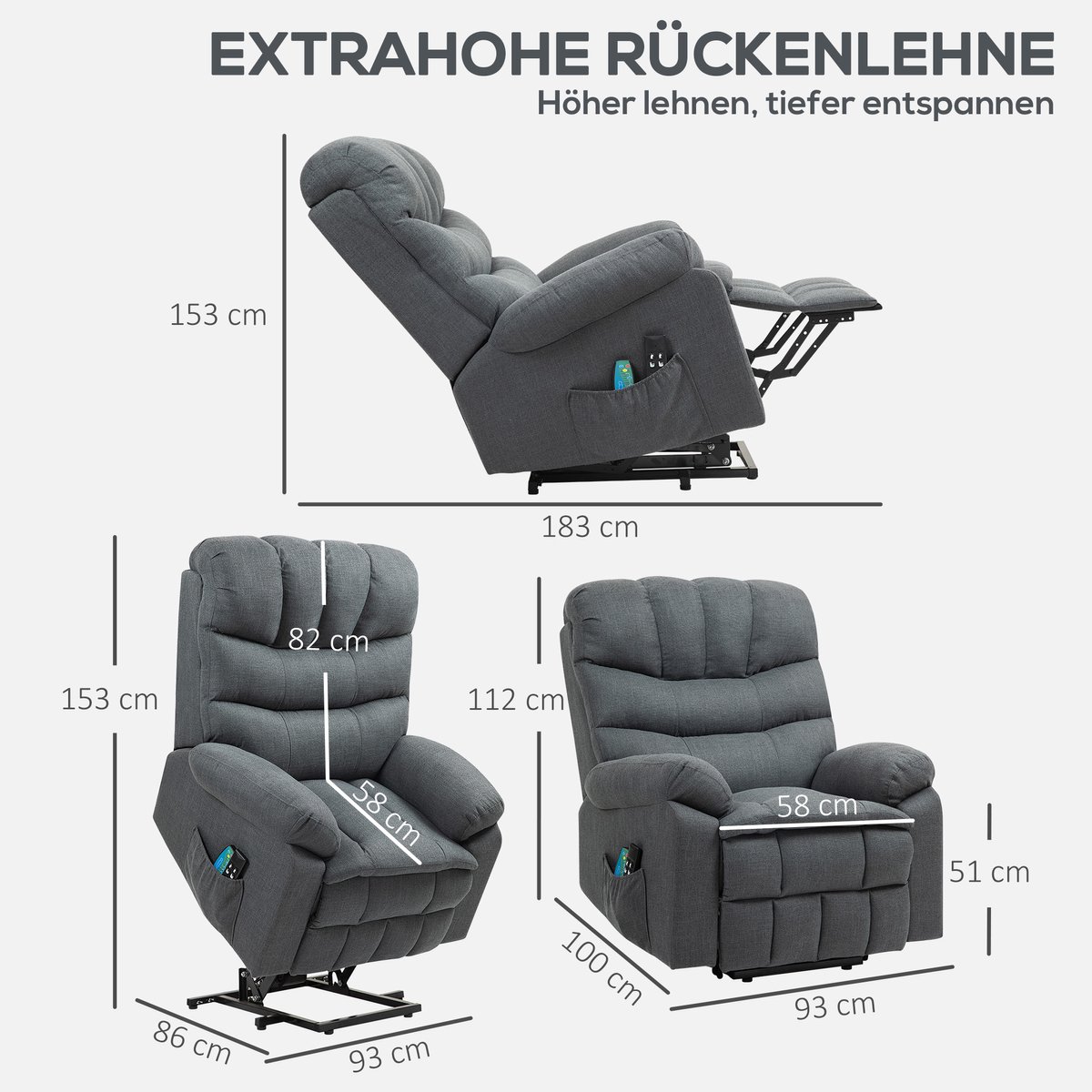 HOMCOM Sta-op Fauteuil Elektrisch - Relaxfauteuil met Massage - Opsta Stoel - Donkergrijs – foto 4