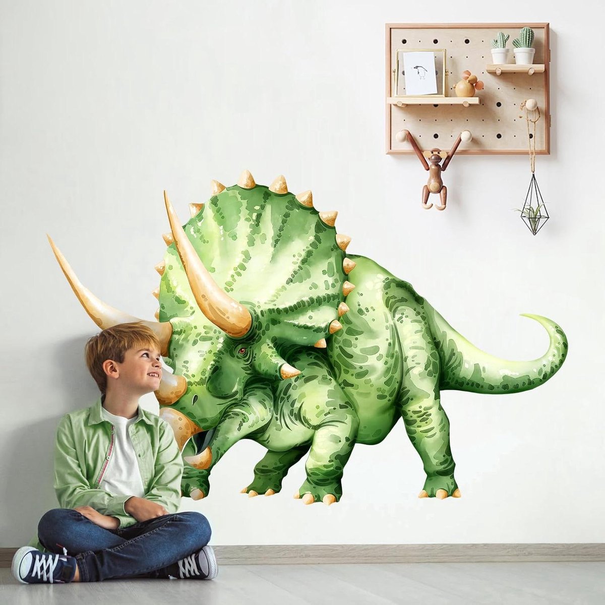 CSGoods - Dinosaurus muurstickers in groen voor baby- en kinderkamer - Zelfklevende muurkunst sticker van vinyl - Groot formaat (136 x 87 cm)