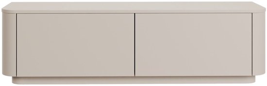 Een beige tv-meubel met twee deuren en een subtiele voet, op een witte achtergrond.