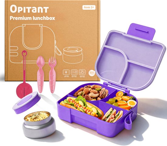 BentOH! Boîte à bento Enfants et Adultes - Violet - Boîte à lunch étanche avec compartiments - Compatible micro-ondes et lave-vaisselle - Comprend un ensemble de cuillères gratuit