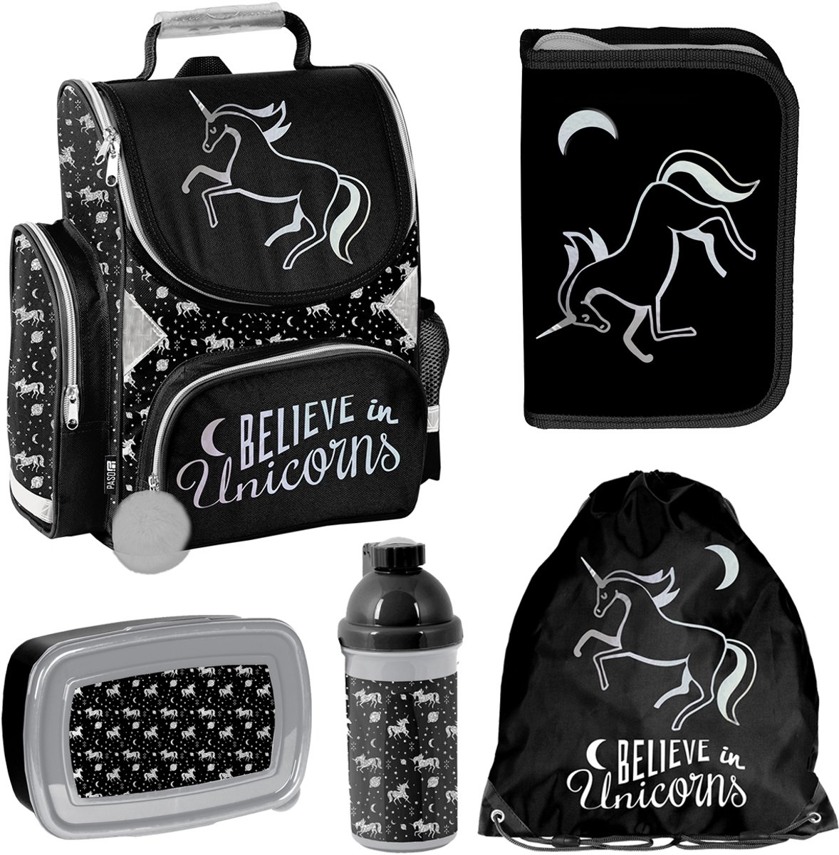 Paso Eenhoorn Schooltas Set: Rugzak, Etui, Tas, Fles & Lunchbox