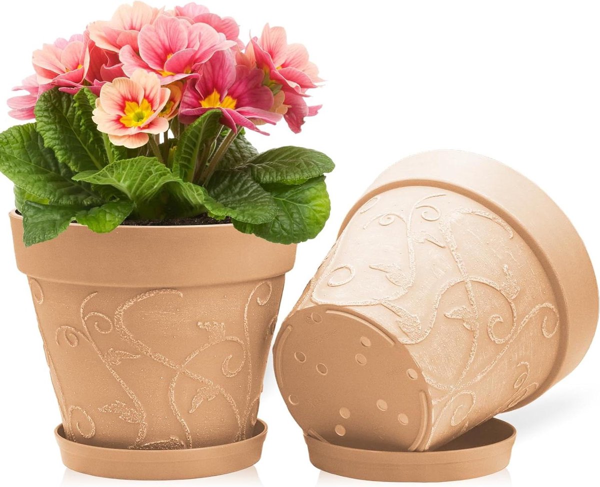 CSGoods - 25 cm bloempotten met schotels en drainagegaten voor binnen en buiten - Grote terracotta-look plastic bloempot - Set van 2 met slangenplant, aloë en monstera