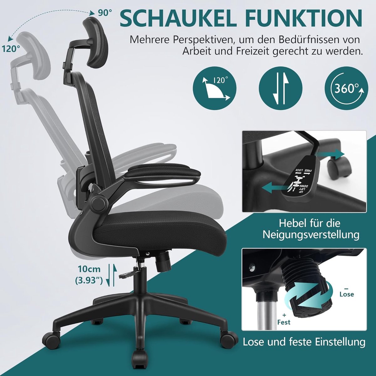 Premium Ergonomische Bureaustoel met Verstelbare Hoofdsteun, Armleuningen en Lendensteun – Hoge Rugleuning – Ademend Mesh + Comfort Foam – Draaistoel voor Kantoor & Thuis – Max 136 kg – Zwart – Altameubel