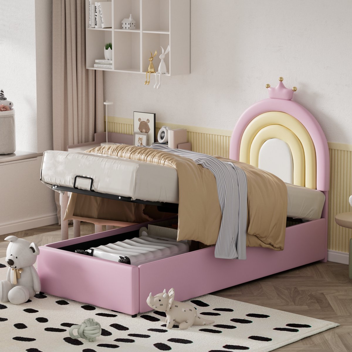 STILVORA Eenpersoonsbed 90x200 cm – Gestoffeerd Met Verstelbaar Hoofdeinde – Houten Lattenondersteuning – Voor Tieners – PU Kunstleer – Roze – Zonder matras