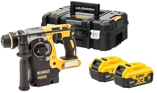 Gele en zwarte DeWalt SDS-plus combihamer met 2 accu's en een zwarte TSTAK koffer.