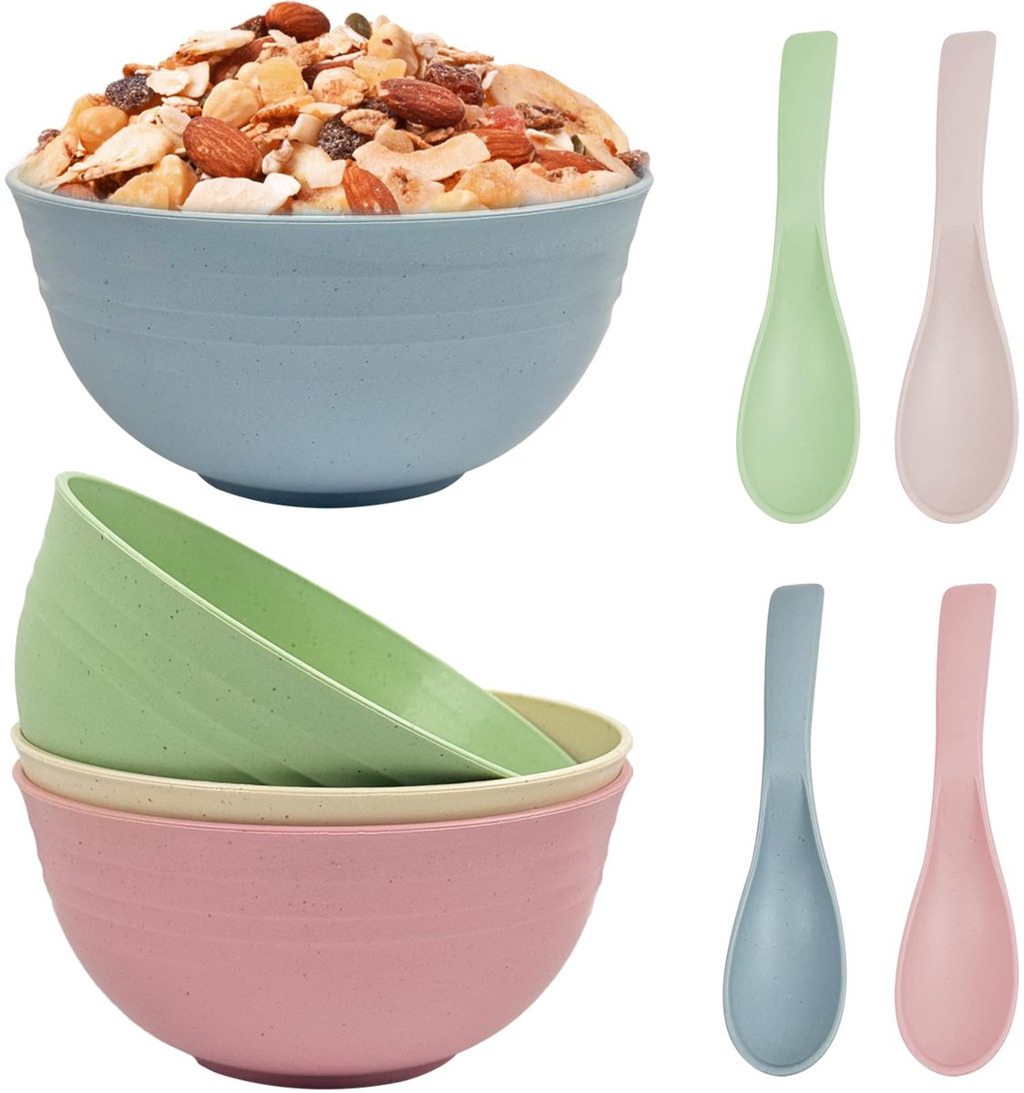 Unyqoos® Set van 4 onbreekbare kommen met lepels voor soep, snacks en meer