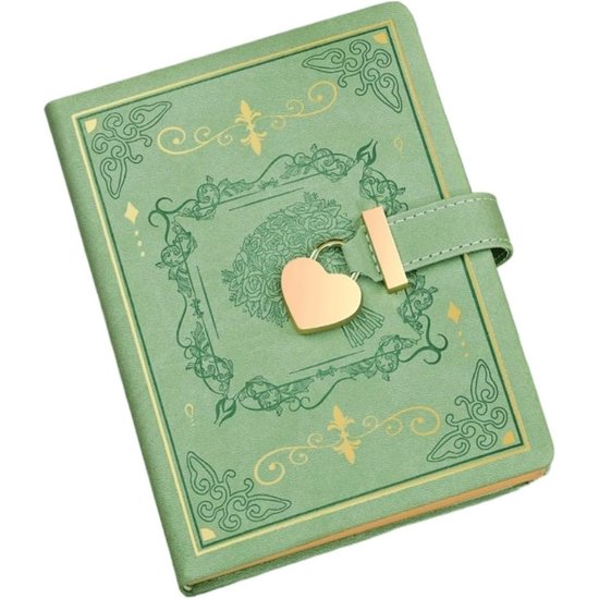 Groen dagboek met slot in hartvorm, versierd met een bloemenguirlande en gouden details.