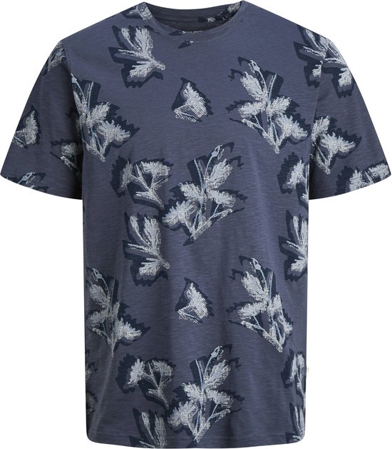 Blauw T-shirt met all-over bladprint in wit en grijs.