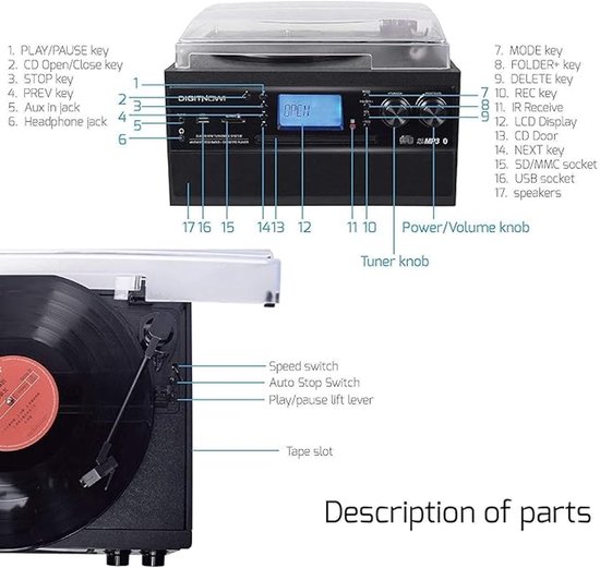 Bluetooth Platenspeler met CD & Cassette - Vinyl naar MP3 - USB & SD - AM/FM Radio - Afneembare Stereo Luidsprekers — afbeelding 5