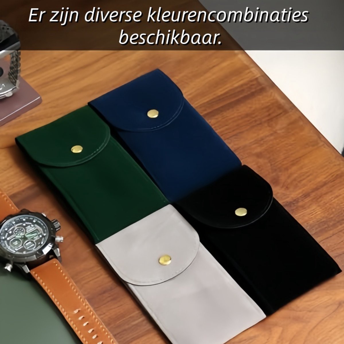 2-delige horloge-organizer tas - Draagbaar fluwelen horlogetasje met druksluiting - Reisorganizer tas - Set voor één horloge en armband - Zwart