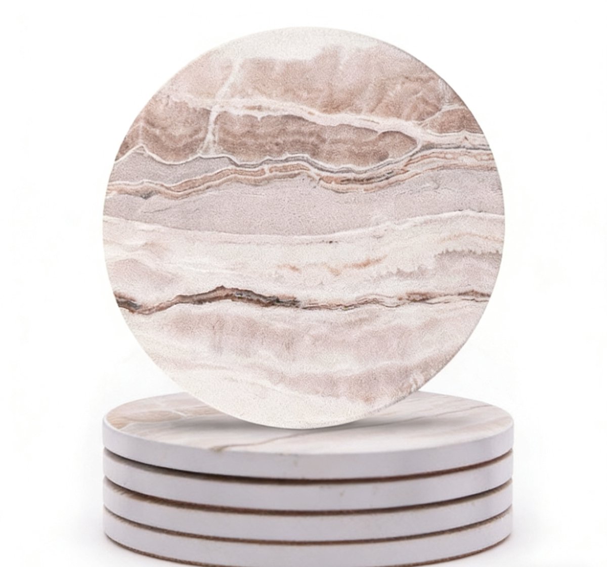 Onderzetters voor Glazen - Bekers - Kopjes - Set van 6 – Rond – Beige / Marmerlook - Mat
