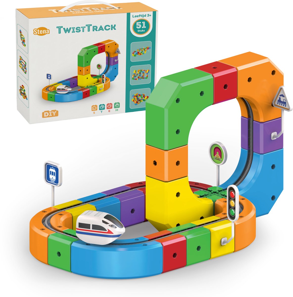 TwistTrack Elektrische Treinbaan – 51-delig – DIY – Educatief/Montessori Speelgoed – STEM - Cube Track – Stimuleert Fijne Motoriek – Speelgoed 3/4/5/6 jaar
