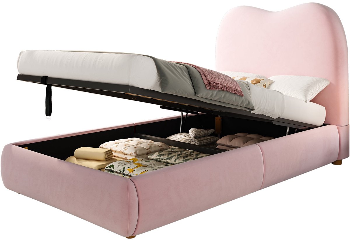 Merax Gestoffeerd Kinderbed 90 x 200 cm - Fluweel - Hydraulische Bed met Opbergruimte - Lattenbodem Inbegrepen - Zacht Hoofdbord - Roze - Zonder Matras