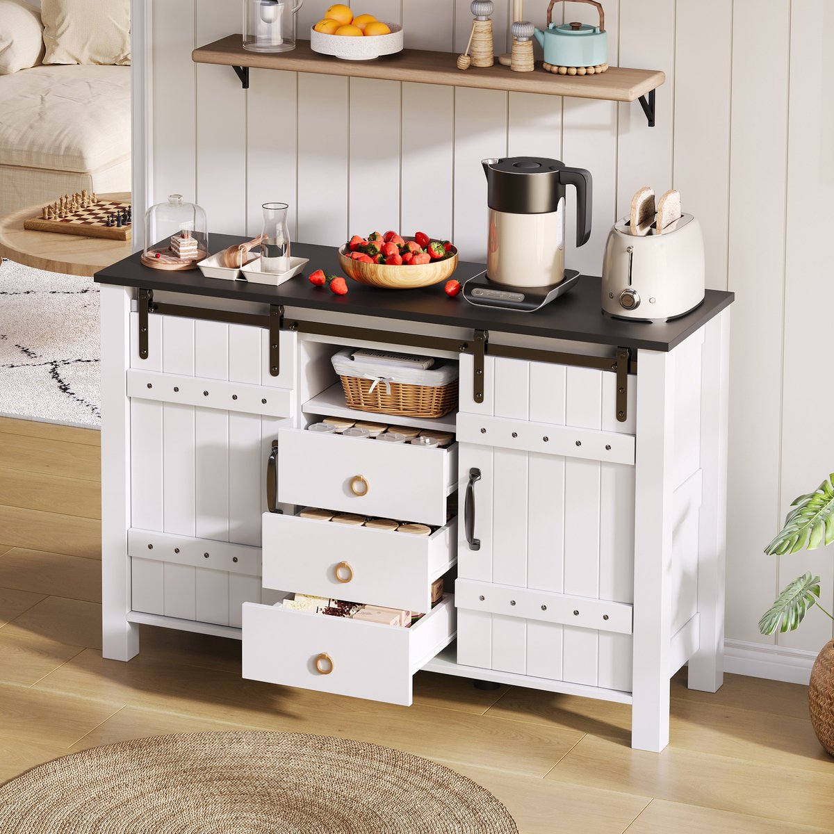 STILVORA Dressoir – Rustiek Zijbord Met Schuifdeuren En 3 Lades – Veel Opbergruimte Voor Keuken Eetkamer Woonkamer – MDF – 120x40x80 cm – Wit