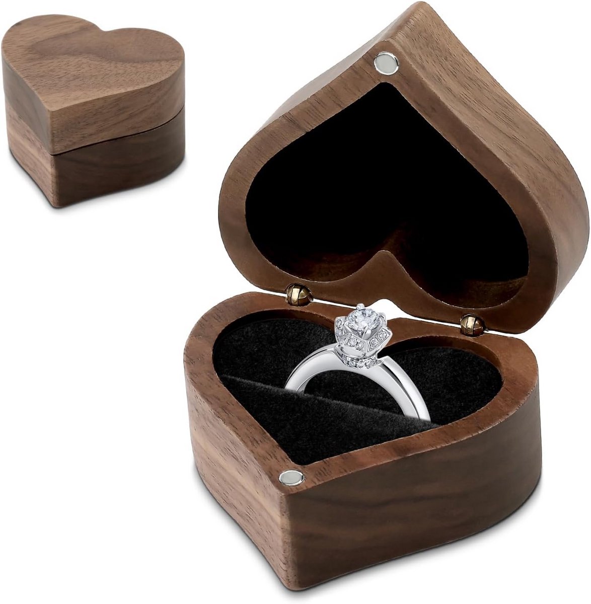 Hartvormig Ringendoosje voor Bruiloft en Verloving - Elegant Fluwelen Interieur en Walnoothout Design