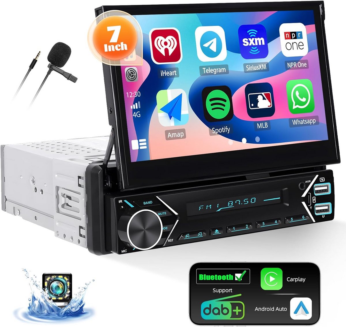 DAB Plus Autoradio 1 Din met CarPlay, Android Auto en Uitschijkbaar Display - 7 Inch Bluetooth Touchscreen MP5-speler met EQ en Achteruitrijcamera