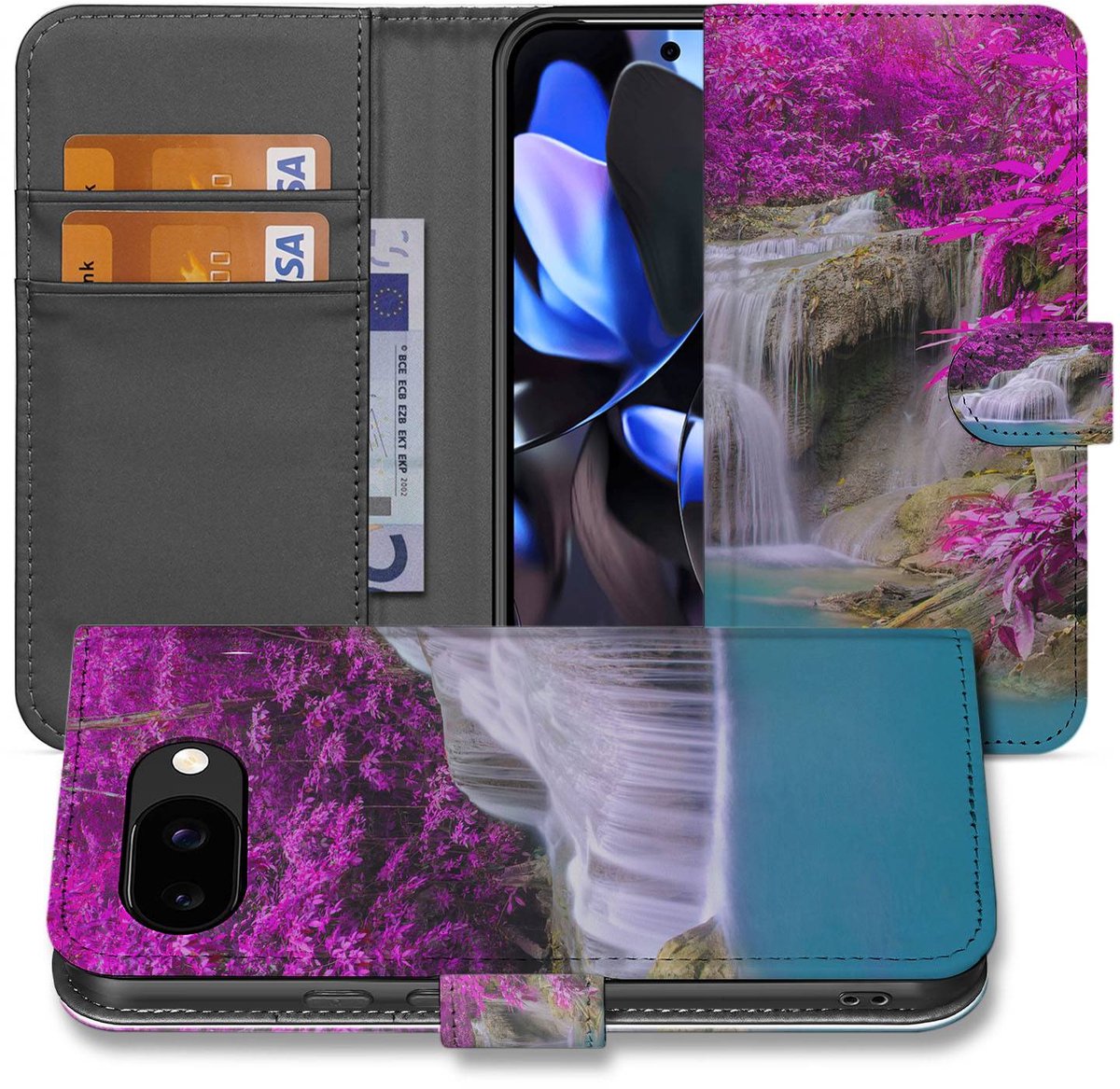 Waterval Paars Book Case Hoesje Voor Google Pixel 9a Met Portemonnee