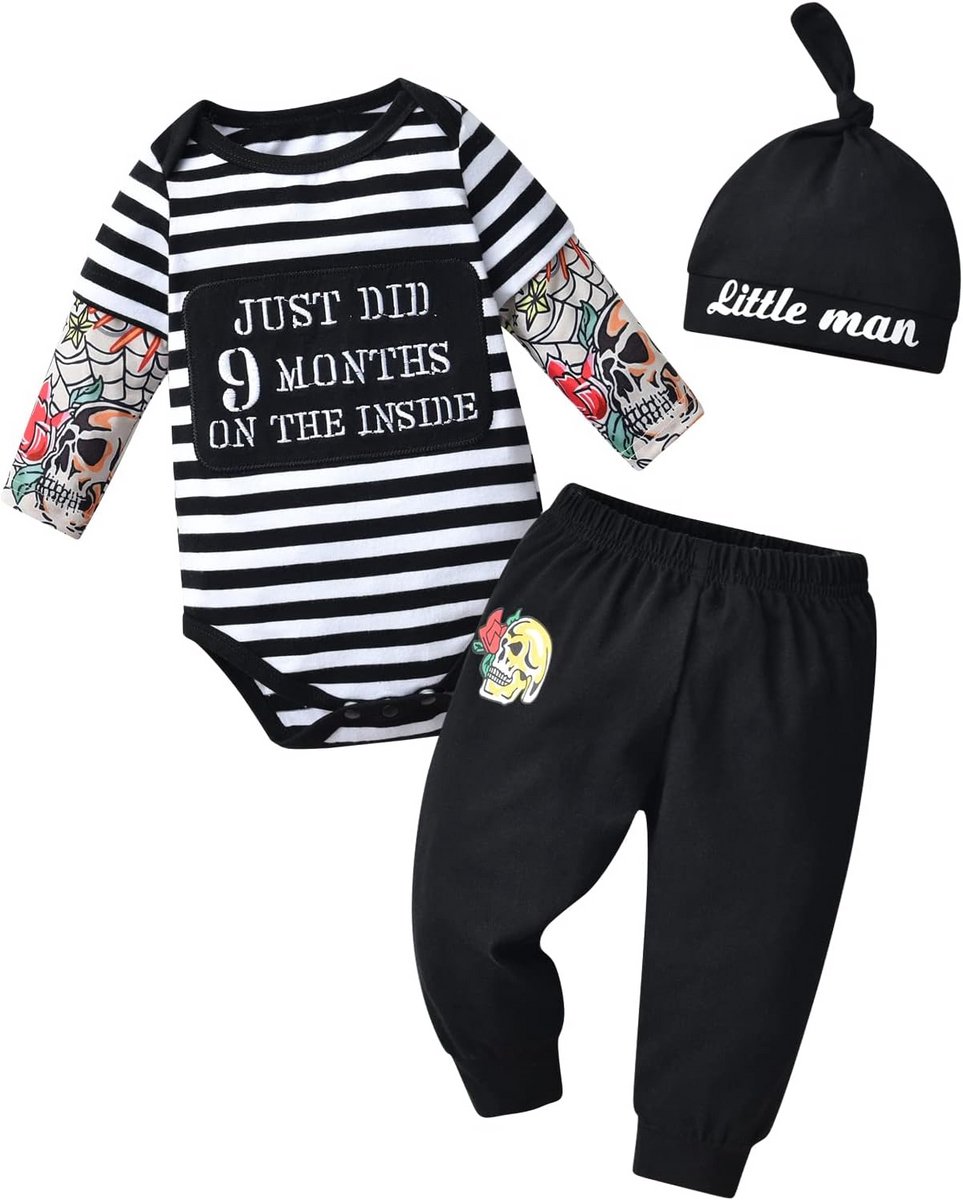 Lange mouw romper met broek en muts voor pasgeboren jongens - 3-delig kleding set