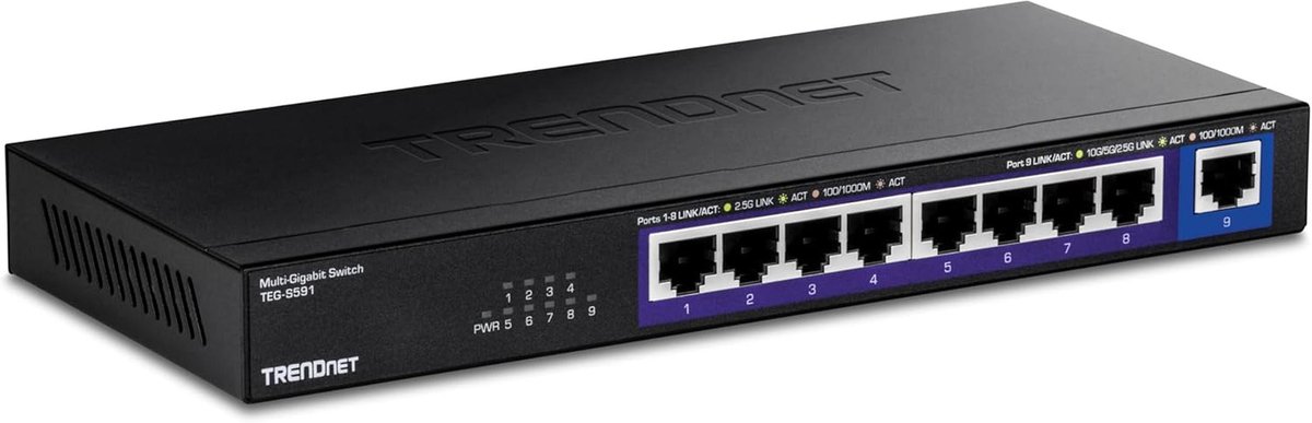 9-poorts Multi-Gigabit Switch met 2.5G en 10G RJ-45-poorten - Verhoog uw Netwerksnelheid met 60 Gbps Schakelcapaciteit