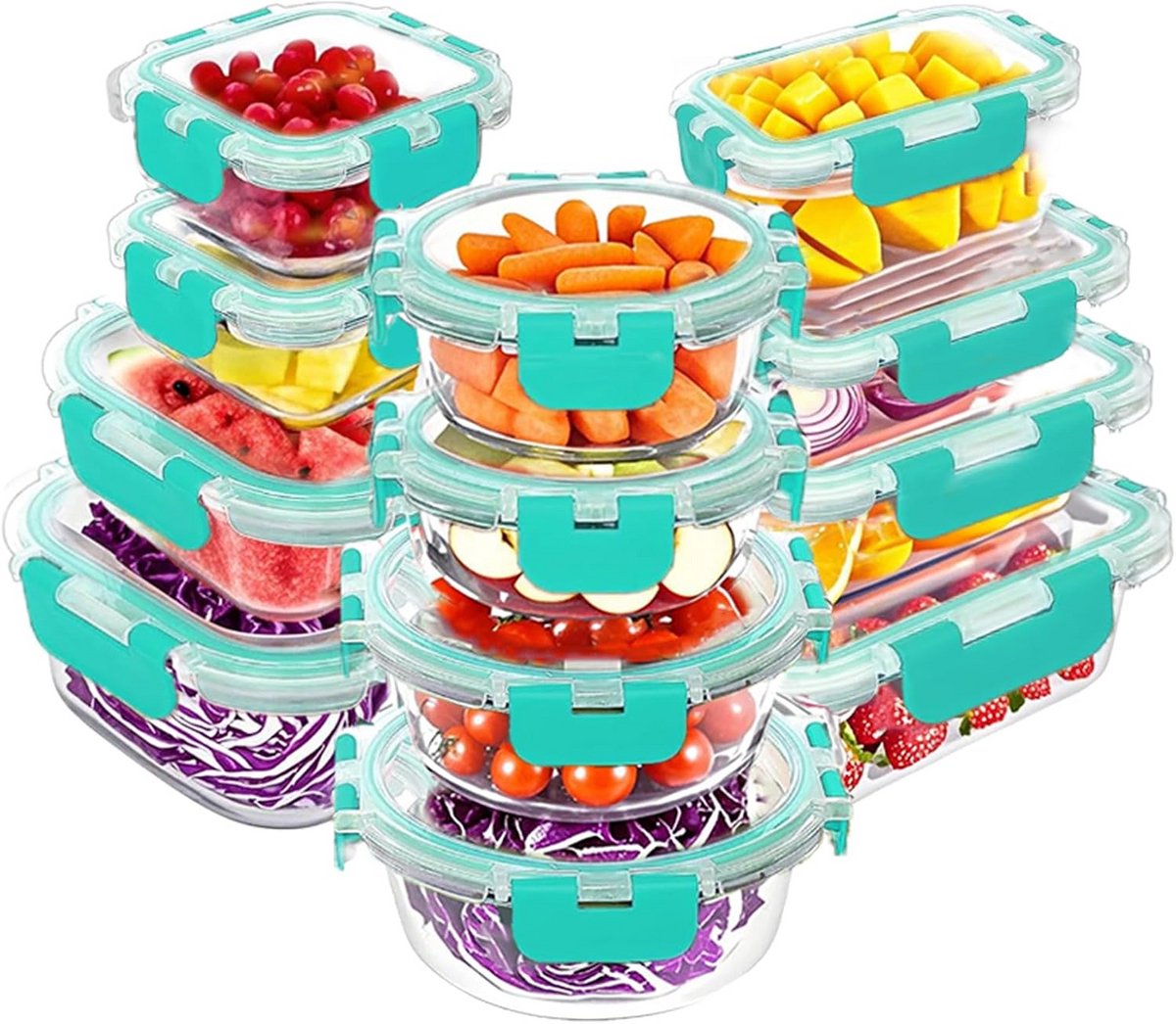 Set van 24 glazen voedselopslagcontainers - luchtdichte glazen lunchcontainers voor magnetron, oven en vriezer
