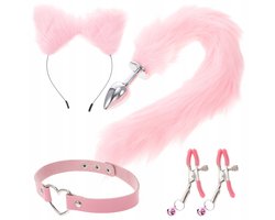 Volle Vos Kostuum Set - Met Pluche Staart, Oren Hoofdband, Halsband en Accessoires, voor Roleplay en Feesten,Roze