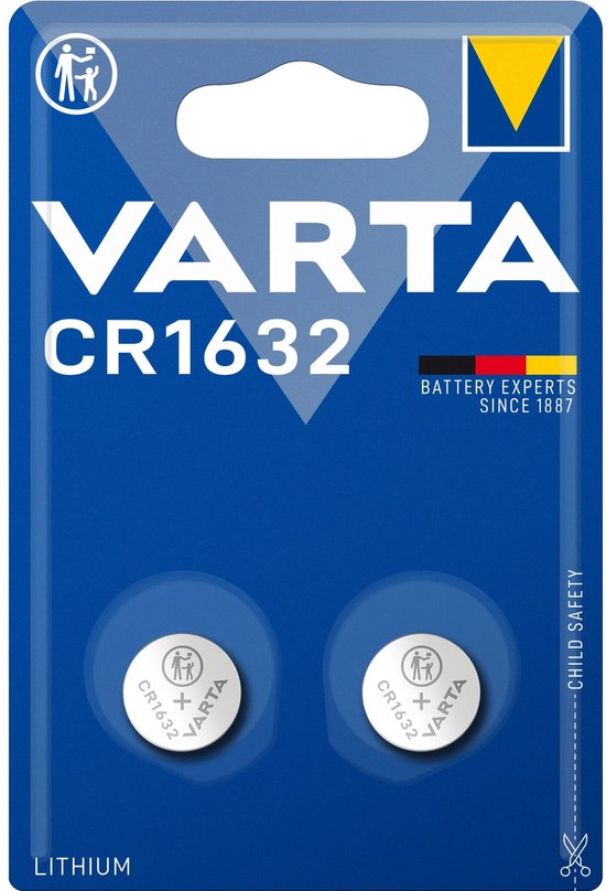 Varta CR1632 lithium batterijen verpakking met twee ronde zilverkleurige batterijen, tekst 'VARTA' en 'CR1632'.