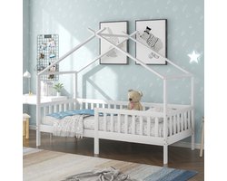 MODFU Ledikant 90x200 cm – wit massief hout – huisbed met veiligheidshek en lattenbodem