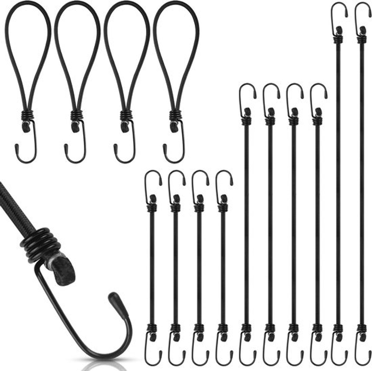 Bindingsbandjes en elastische touwhaken set zwart - 10 stuks - Voor ophangen en bevestigen