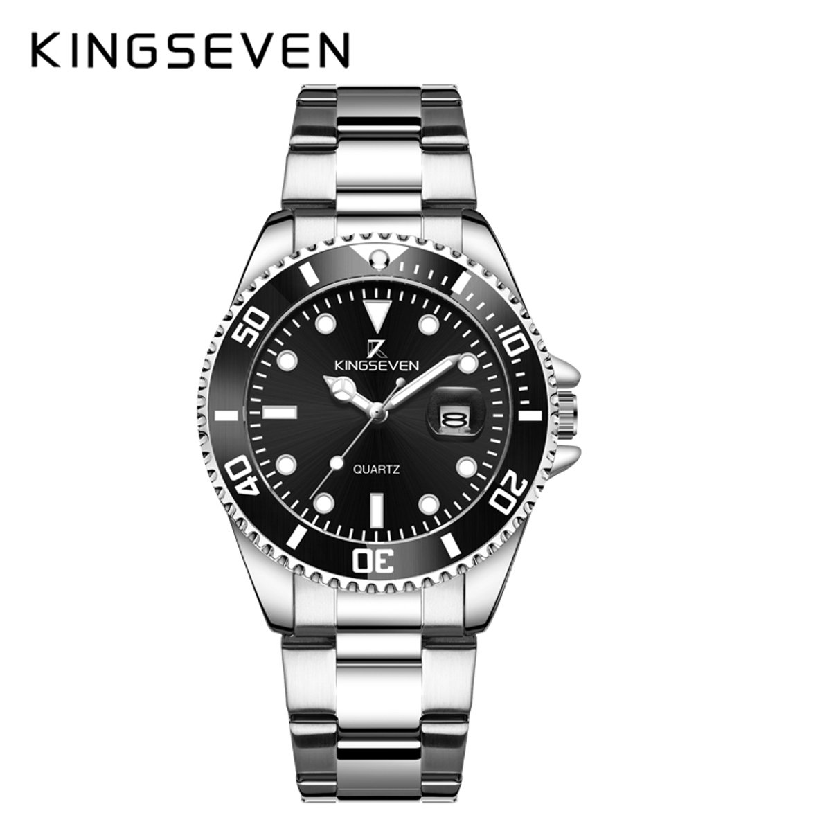KINGSEVEN Herenhorloge 9619 - Zilverkleurig-Zwart - Quartz - Roestvrij Staal - Vlindersluiting - Datumweergave - Luxe Duikershorloge - Waterbestendig - Tijdloos Elegant Design